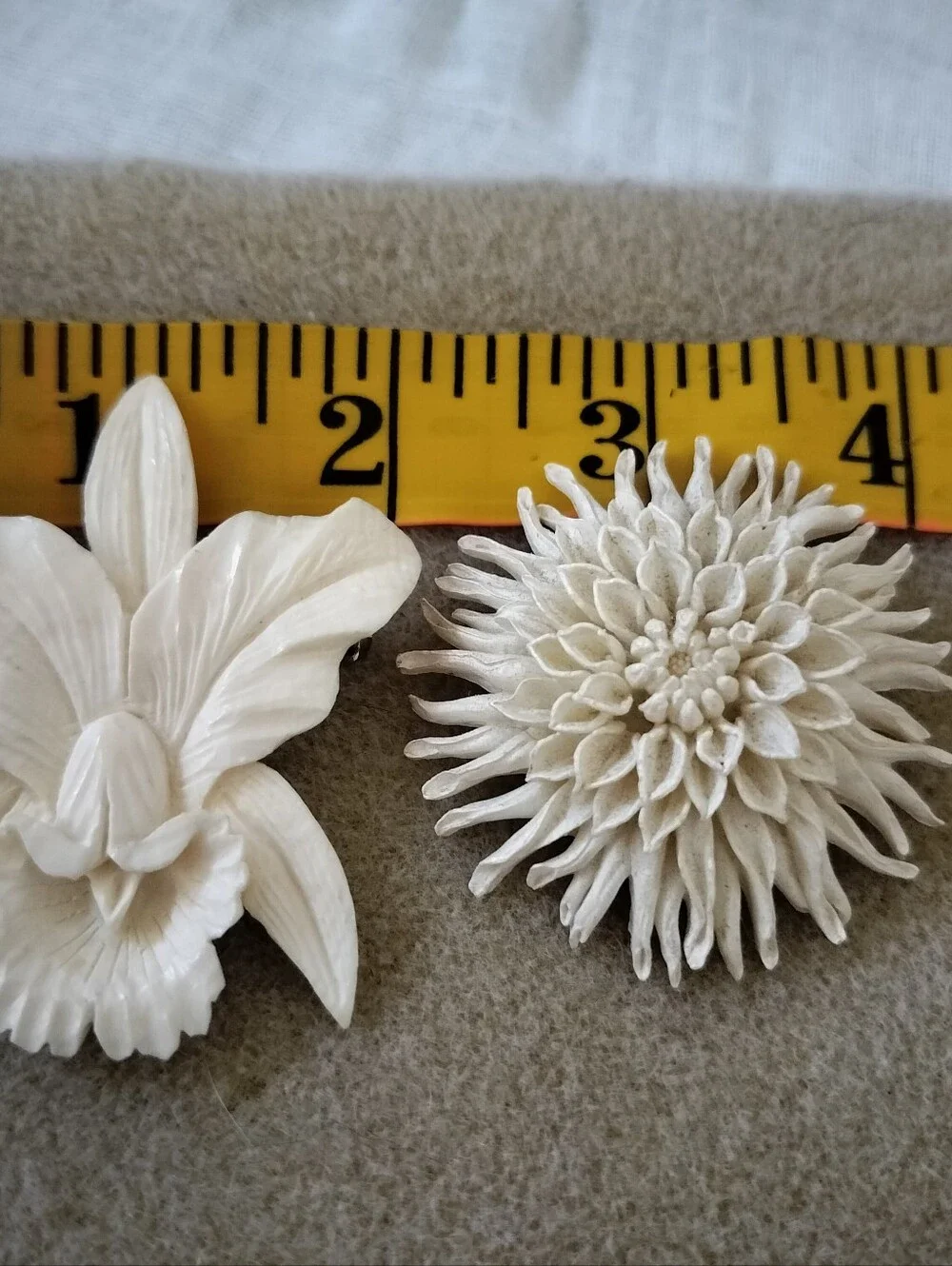 Vintage Carved Cream Floral Brooch Set | White Orchid & Chrysanthemum Pins